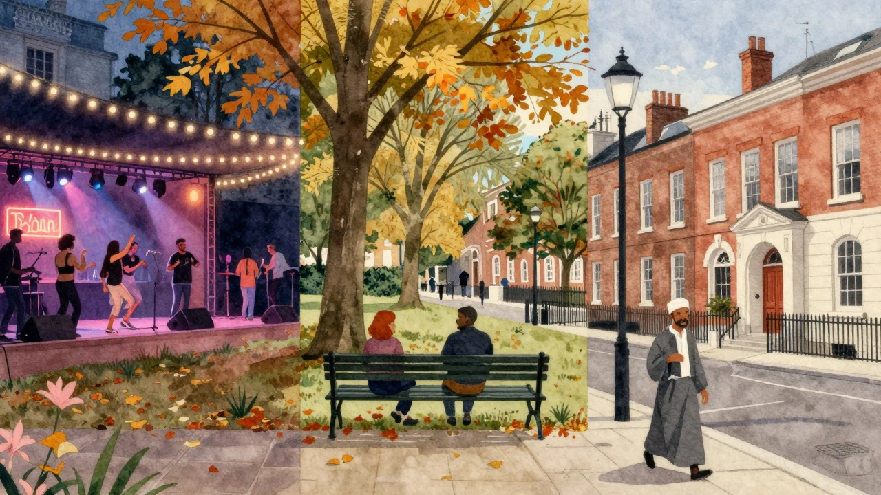 Three vignettes of Dalston, Homerton, and Stamford Hill showing nightlife, quiet park, and cultural quietude.