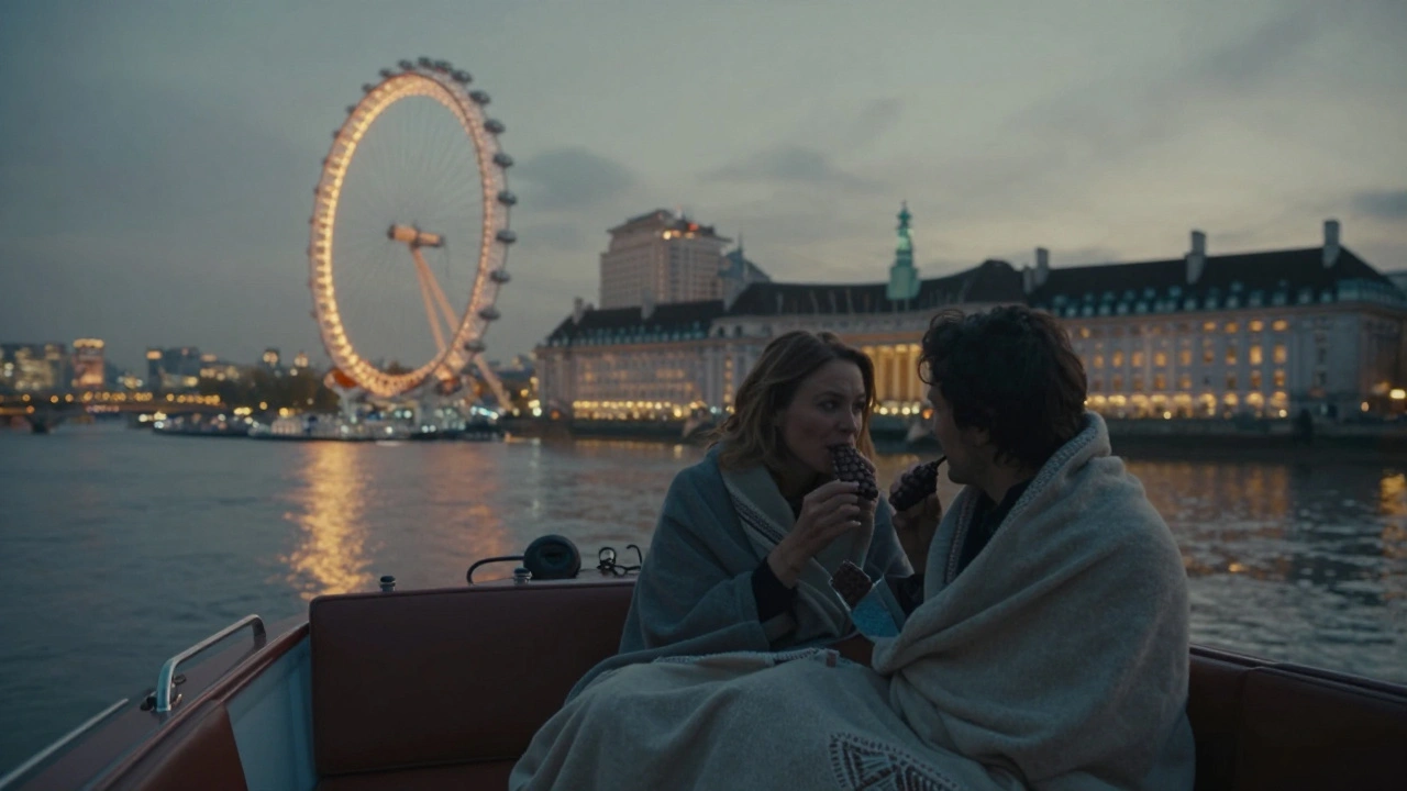 Two people on a private evening boat ride along the Thames, lights glowing in the distance.