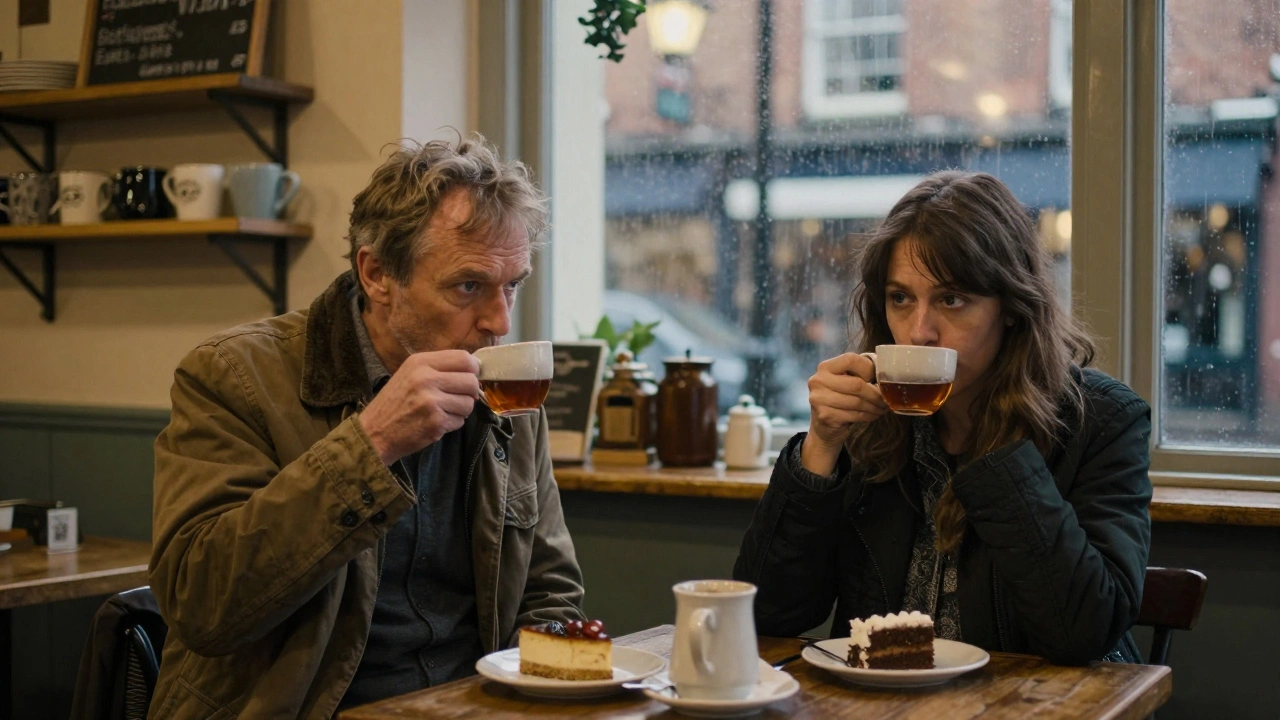 Two people share tea in a quiet neighborhood café, rain streaking the window behind them.