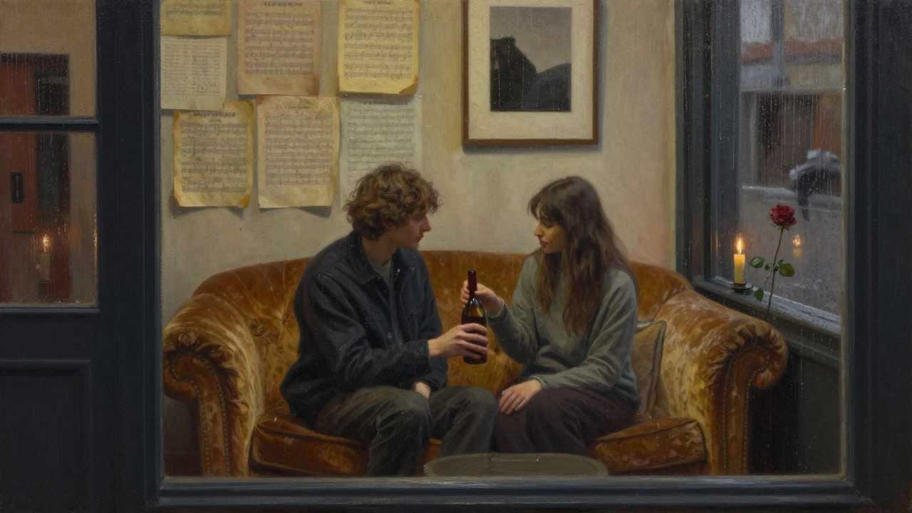 Two people share wine in a cozy flat above a vintage shop, candlelight glowing on walls with old hymn sheets and modern art.