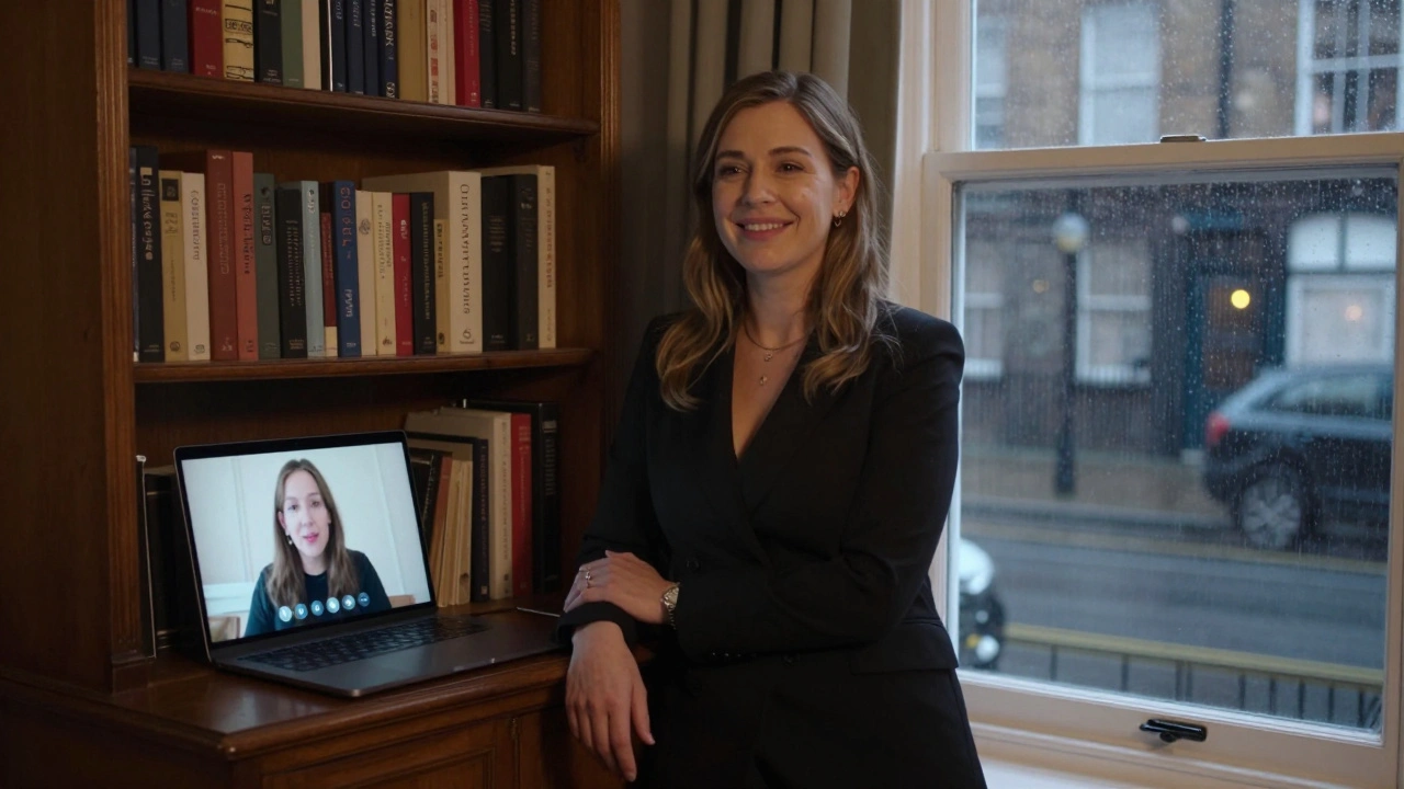 A British escort speaking calmly on a video call with a client, surrounded by books in a warm, home-like apartment.