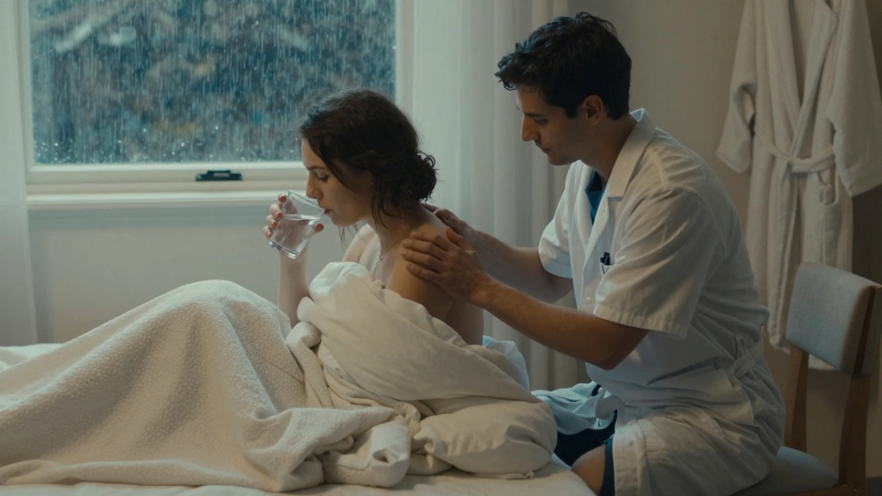 A client rests under a blanket as an escort offers gentle aftercare, rain on the window, evoking emotional safety and care.