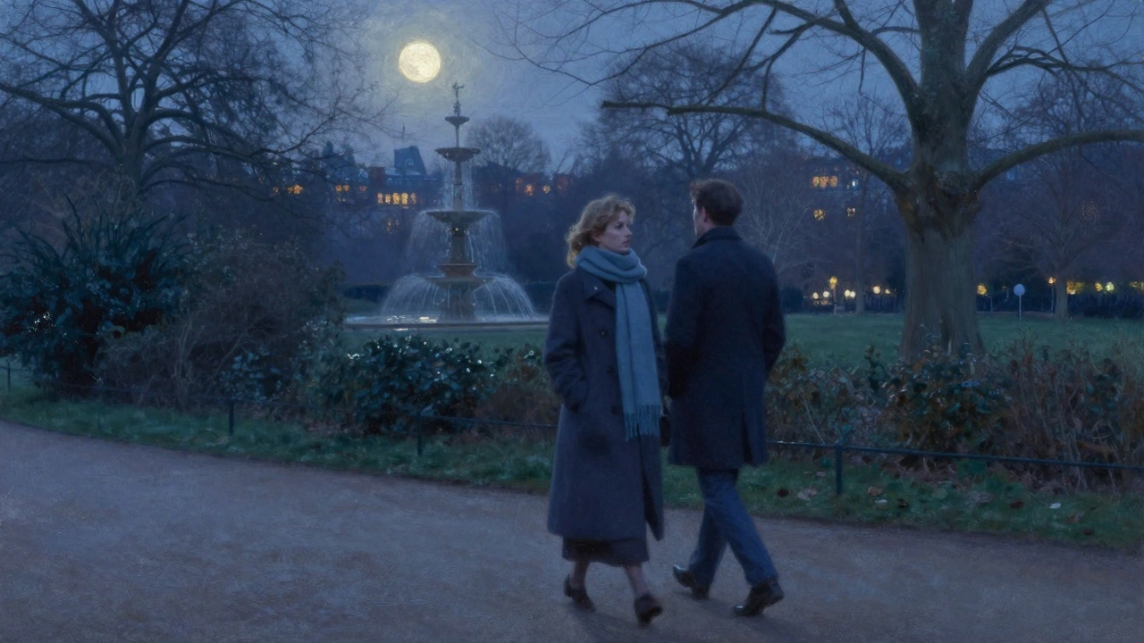 A couple walking peacefully under the trees in Kensington Gardens at night.
