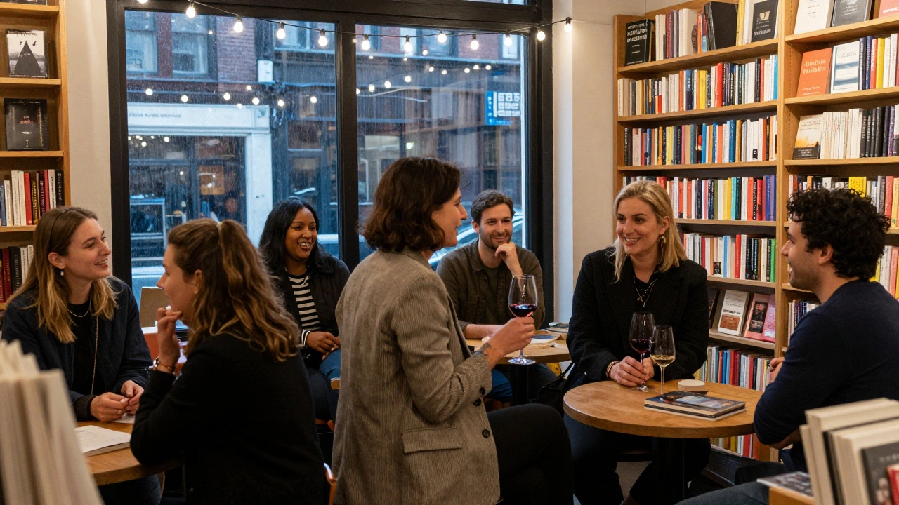 A diverse group of people chatting quietly in a bookshop back room in Dalston, sharing wine under string lights.