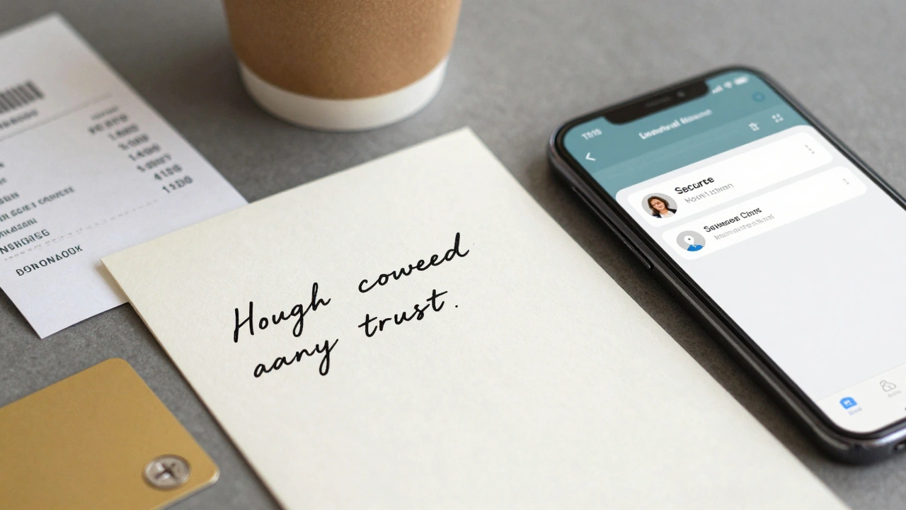 A handwritten note, coffee cup, and receipt on a table beside a secure messaging app, symbolizing trusted client-agency interaction.