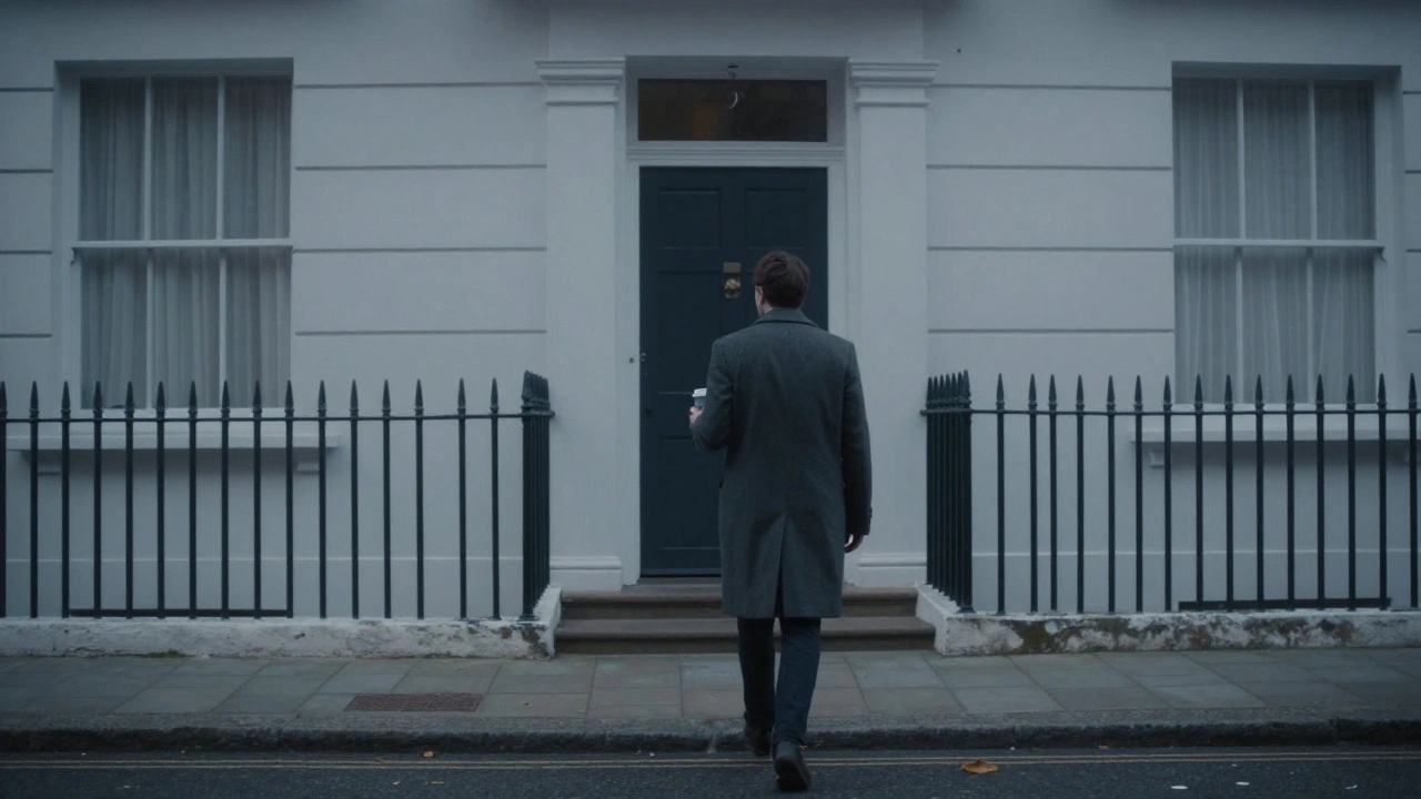 A man walking away from a London townhouse at dawn, alone but at peace, after a meaningful personal encounter.