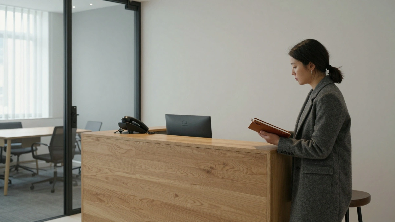 A professional reception area in a discreet West London escort agency with no signage.