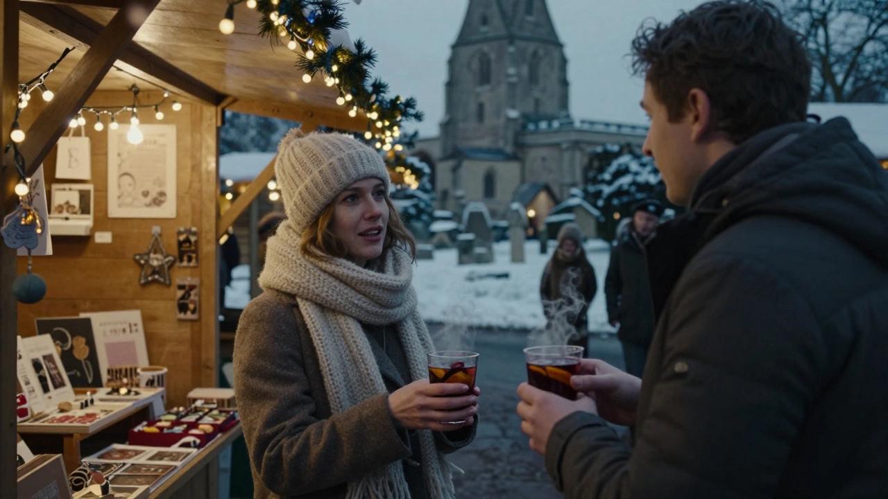 A quiet moment at the Enfield Christmas Market under fairy lights, someone offering mulled wine as snow falls softly.