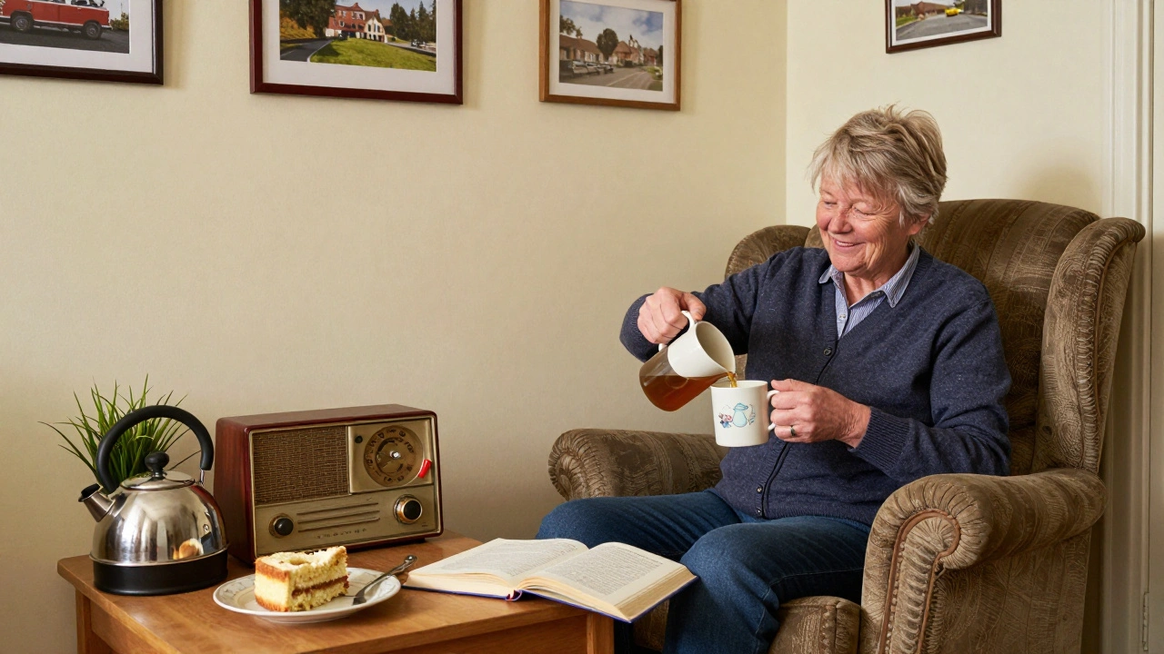 A retired bus driver and a woman share tea and a quiet moment in a cozy East London flat.