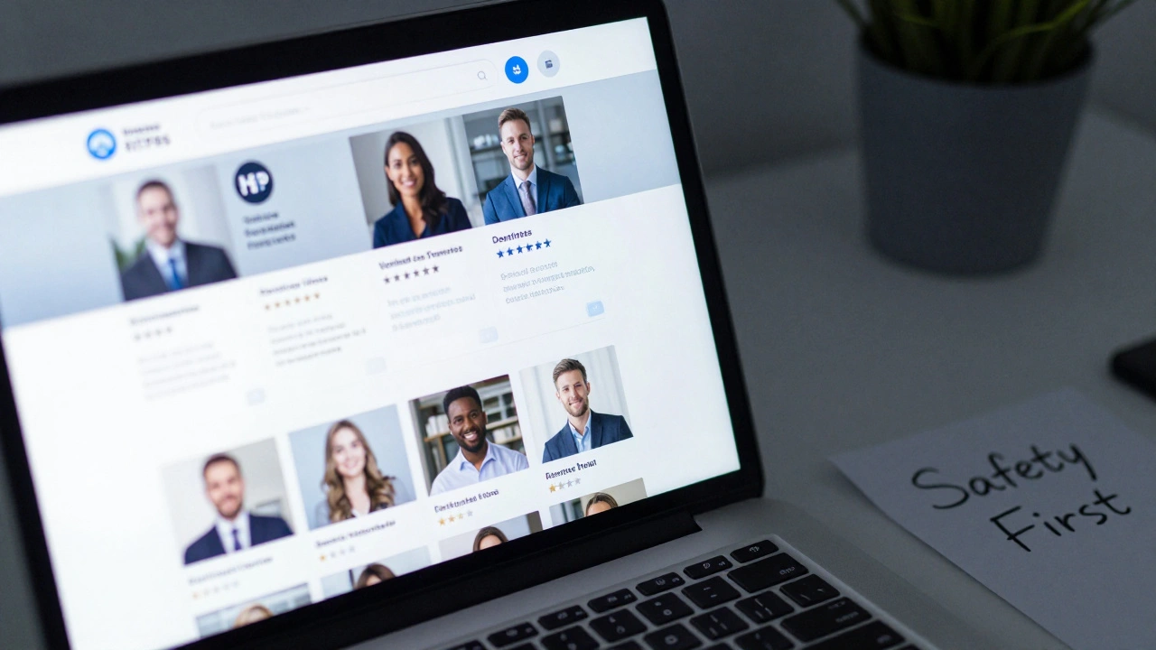 A secure escort website on a laptop with verified reviews and HTTPS, no social media links, minimalist office setting.