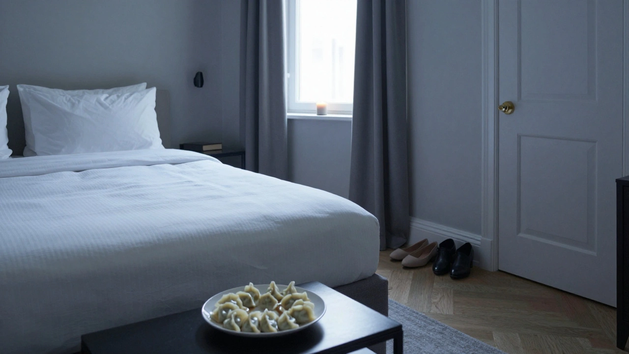 A serene hotel room in North London with takeout food and a lit candle, suggesting a private, intimate moment.