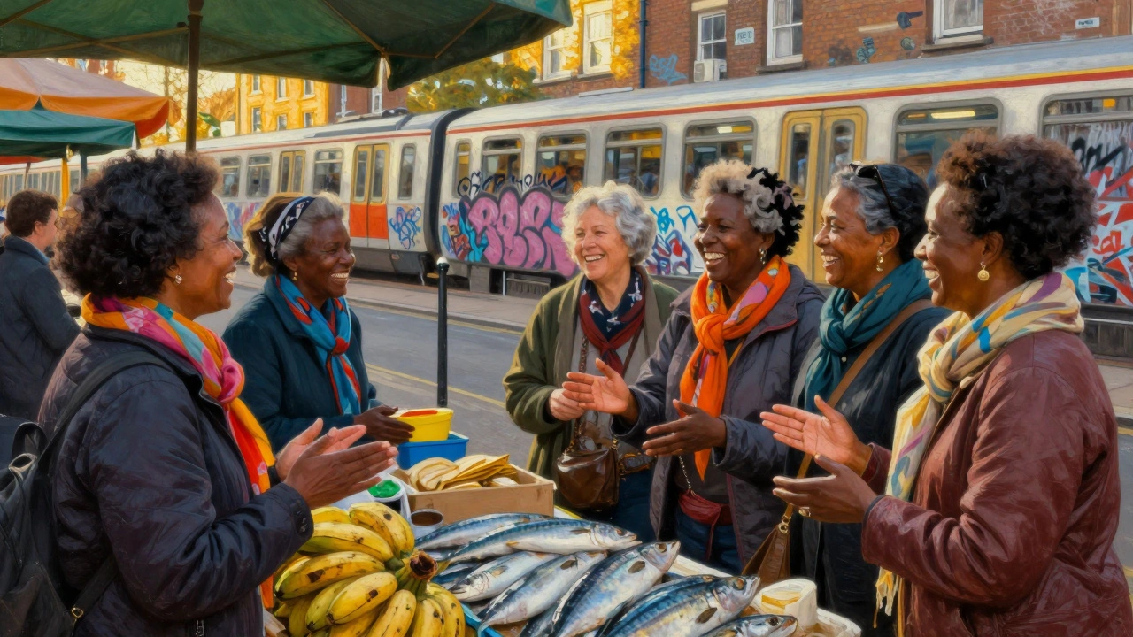A vibrant street market in Canning Town with diverse women laughing together under golden afternoon light.