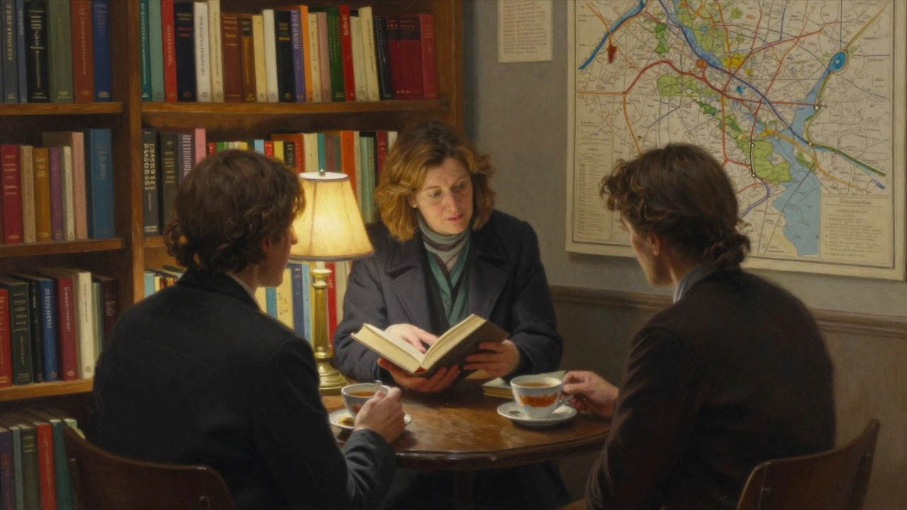 A woman recommending a book to a client in a cozy, book-filled shop with soft lighting.
