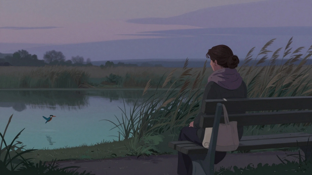 A woman sits alone on a bench by the Walthamstow Wetlands at twilight, watching a kingfisher over the water.