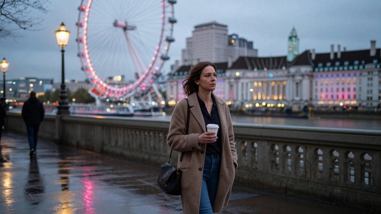 A woman walking alone along the Thames at dusk, calm and independent.
