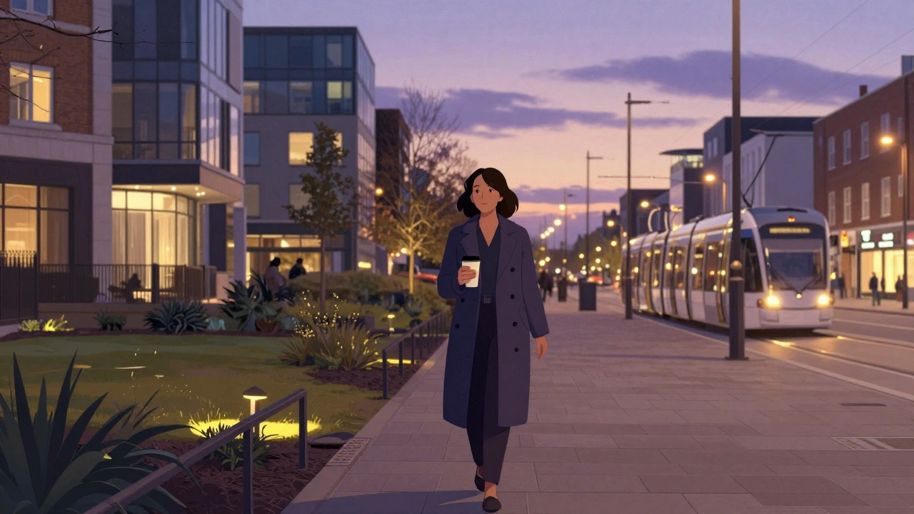 A woman walking peacefully along St. George’s Walk in Croydon at dusk, surrounded by softly lit gardens and modern buildings.