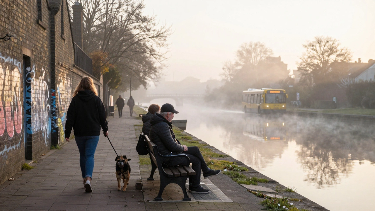 A woman walks her dog along the Regent’s Canal at dawn, two figures sit silently on a bench in the mist.