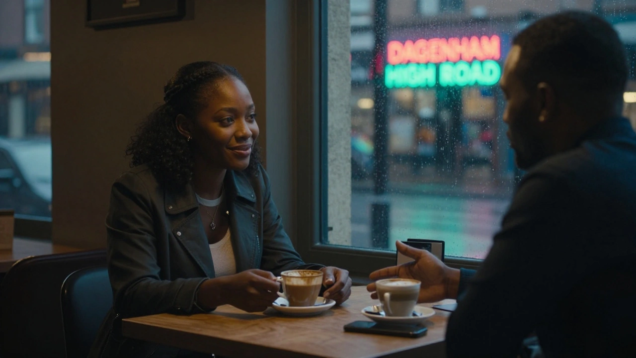 An expat and a local woman talk softly over coffee in a dimly lit Dagenham café at dusk.
