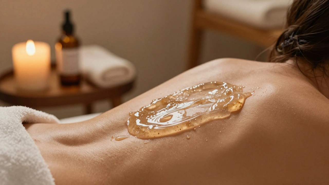 Close-up of seaweed gel gliding smoothly over warm skin, with subtle candlelight and spa details in the background.