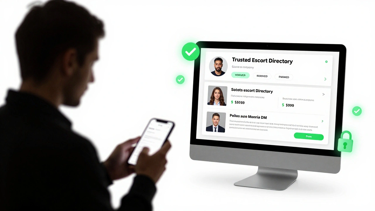 Contrasting images: chaotic social media DM on left, verified escort profile with clear details on right.