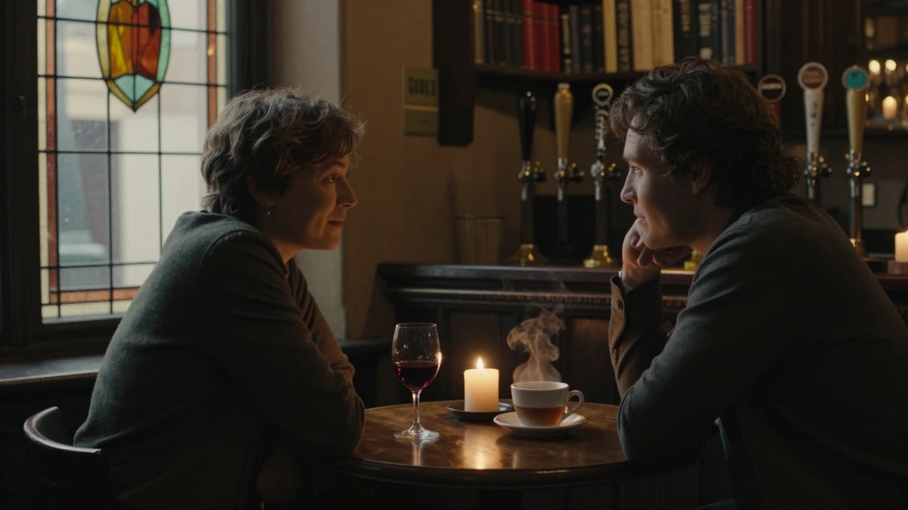 Couples conversing quietly in a cozy pub with candlelight and stained-glass windows in Barnet.