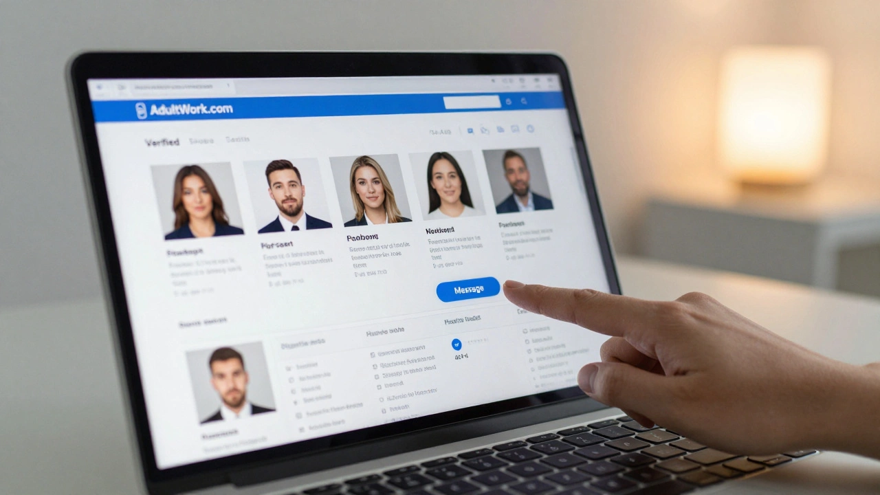 Laptop screen showing a verified escort profile with real photos and reviews on AdultWork.com.