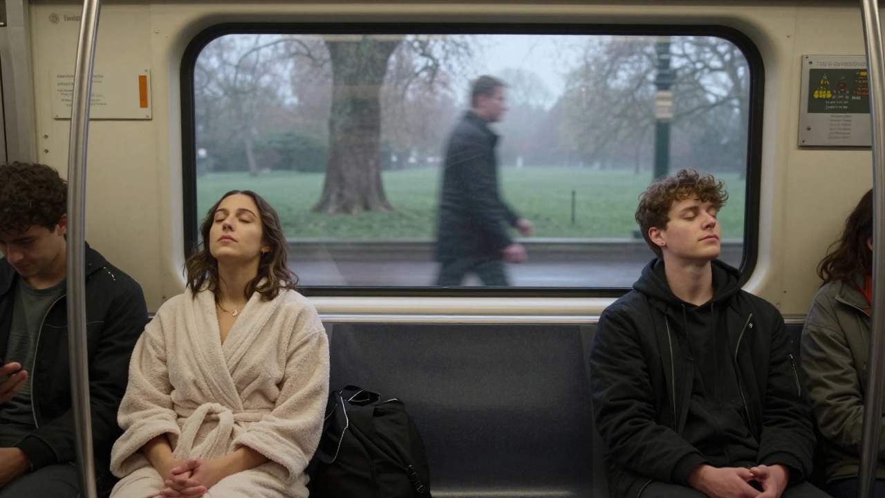 Londoners experiencing calm after massage: breathing deeply, walking at dawn, sitting upright with relaxed posture.