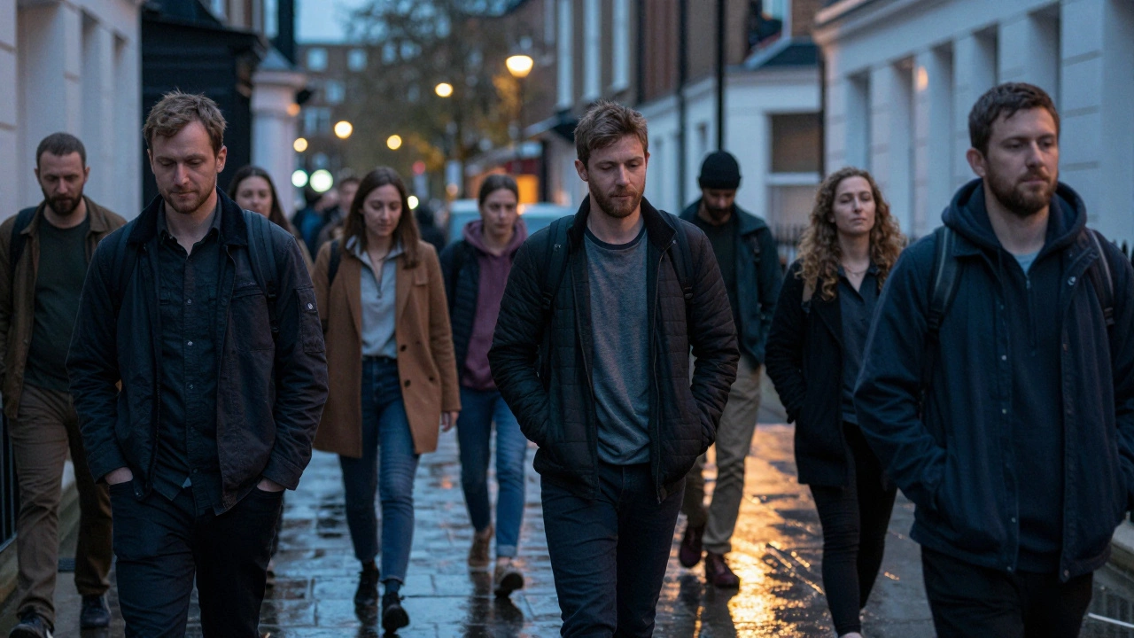 People leaving private massage studios in London neighborhoods, looking relieved and at peace.