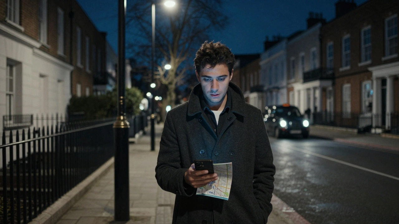 Person walking at night in London under a streetlamp, checking a map, taxi nearby, atmosphere of cautious independence.