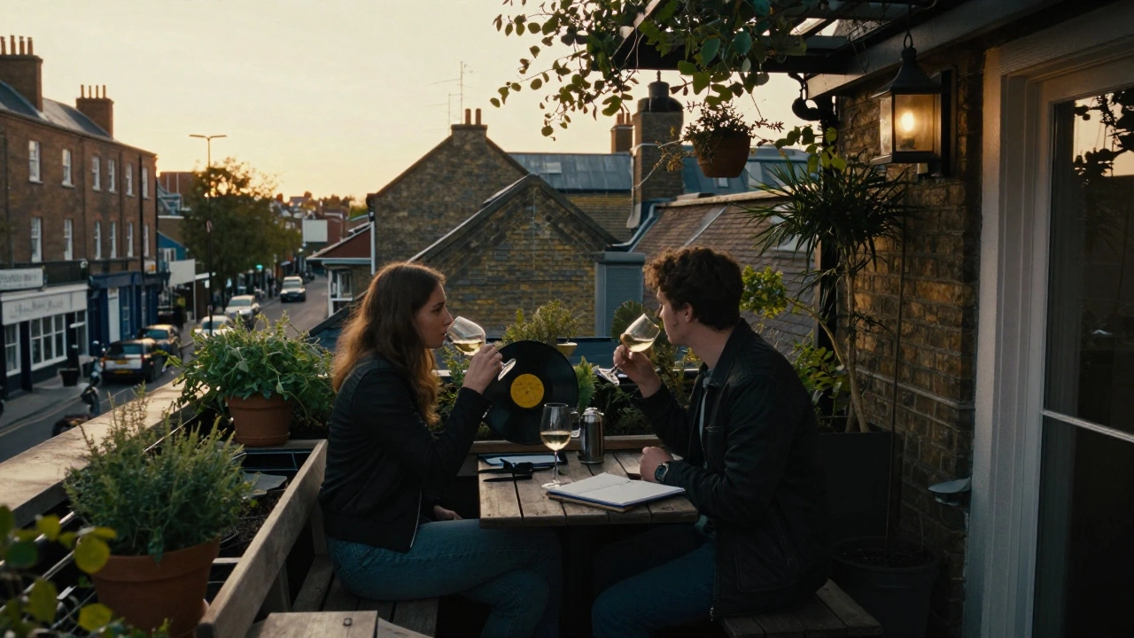 Silhouettes enjoy wine on a rooftop garden at The White Lion pub, overlooking Ealing at golden hour.