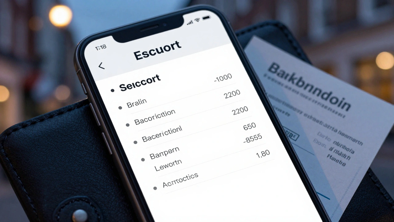 Smartphone screen showing a clear escort profile with listed services and payment confirmation.