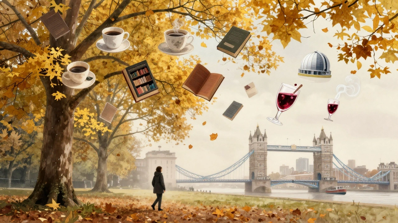 Solitary figure under autumn trees in Greenwich Park, memories floating as translucent fragments.