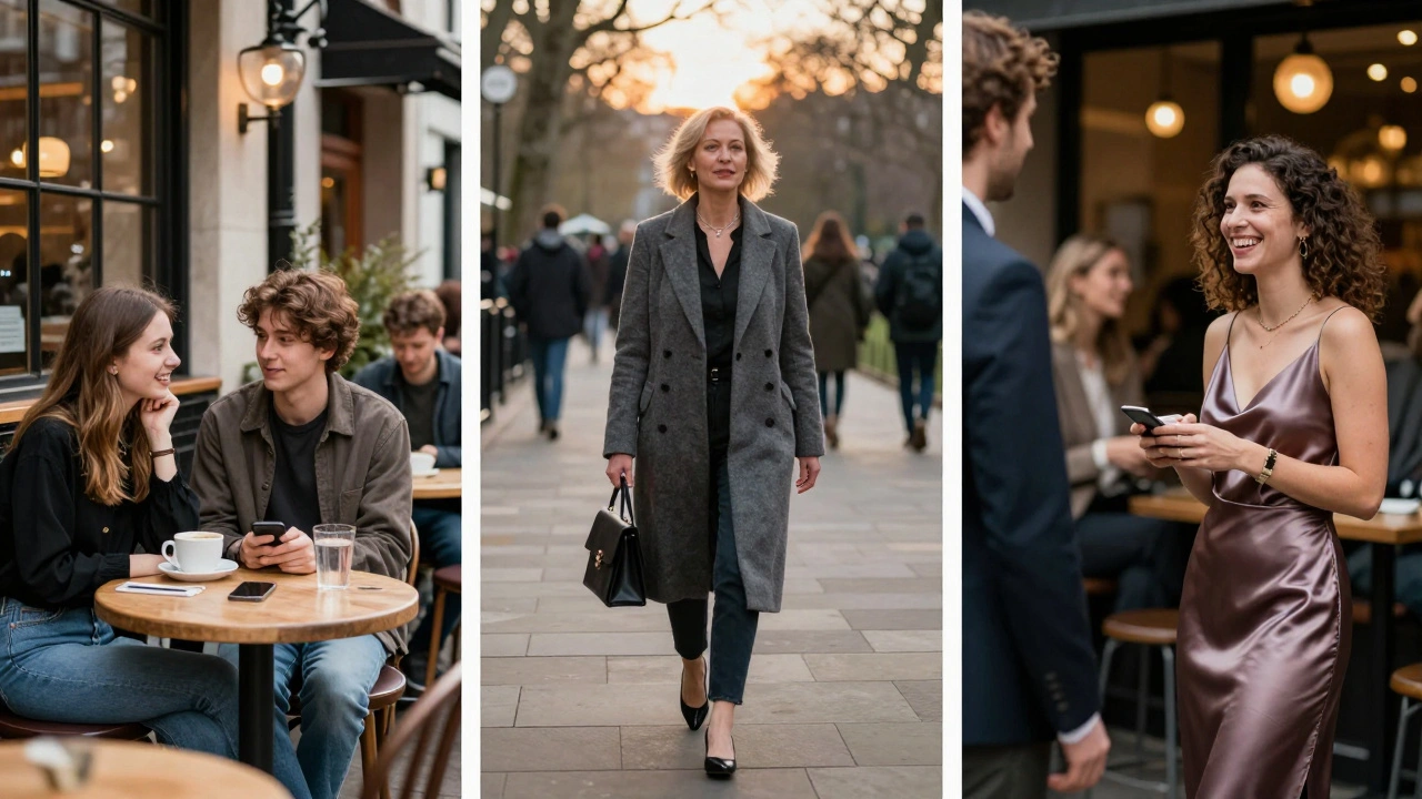 Three different escorts in everyday London settings: café, park, and theatre, each showing authentic, respectful companionship.