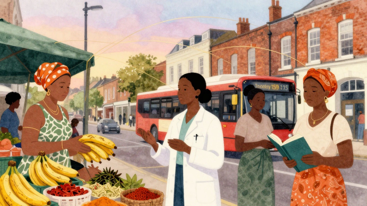 Three diverse women in Tooting going about their daily lives — market, bus stop, library.