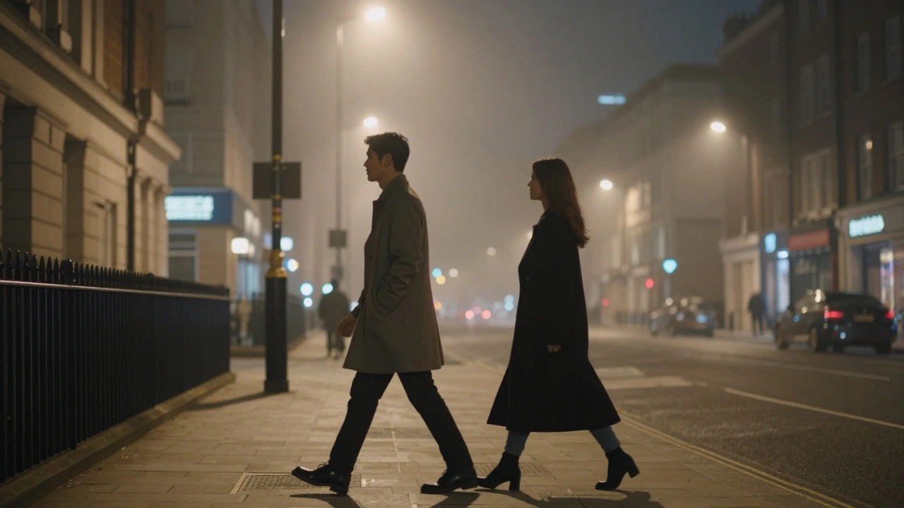 Two abstract figures gently converging under a London streetlamp at night, representing quiet, respectful companionship.