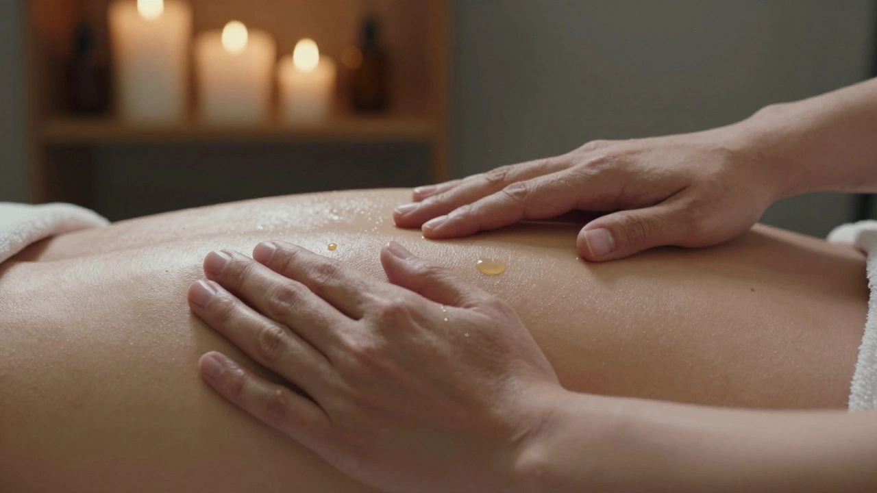 Two hands gently touching a shoulder with oil glistening under warm light.