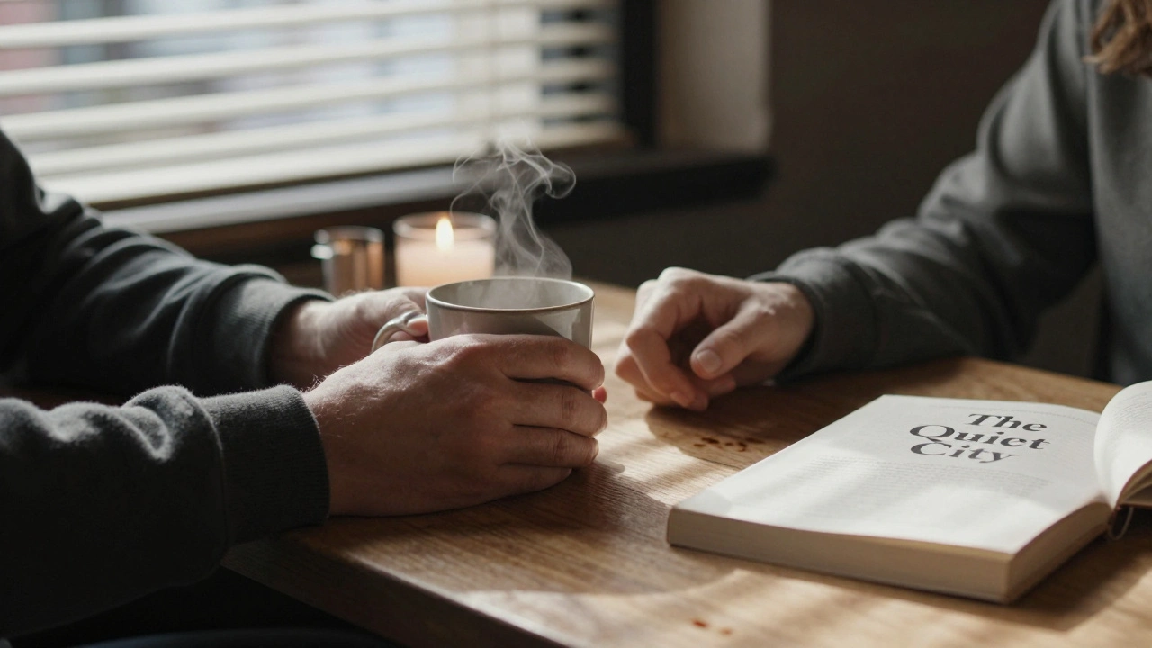 Two hands meet gently on a wooden café table with coffee and a book, no faces visible, conveying quiet connection.