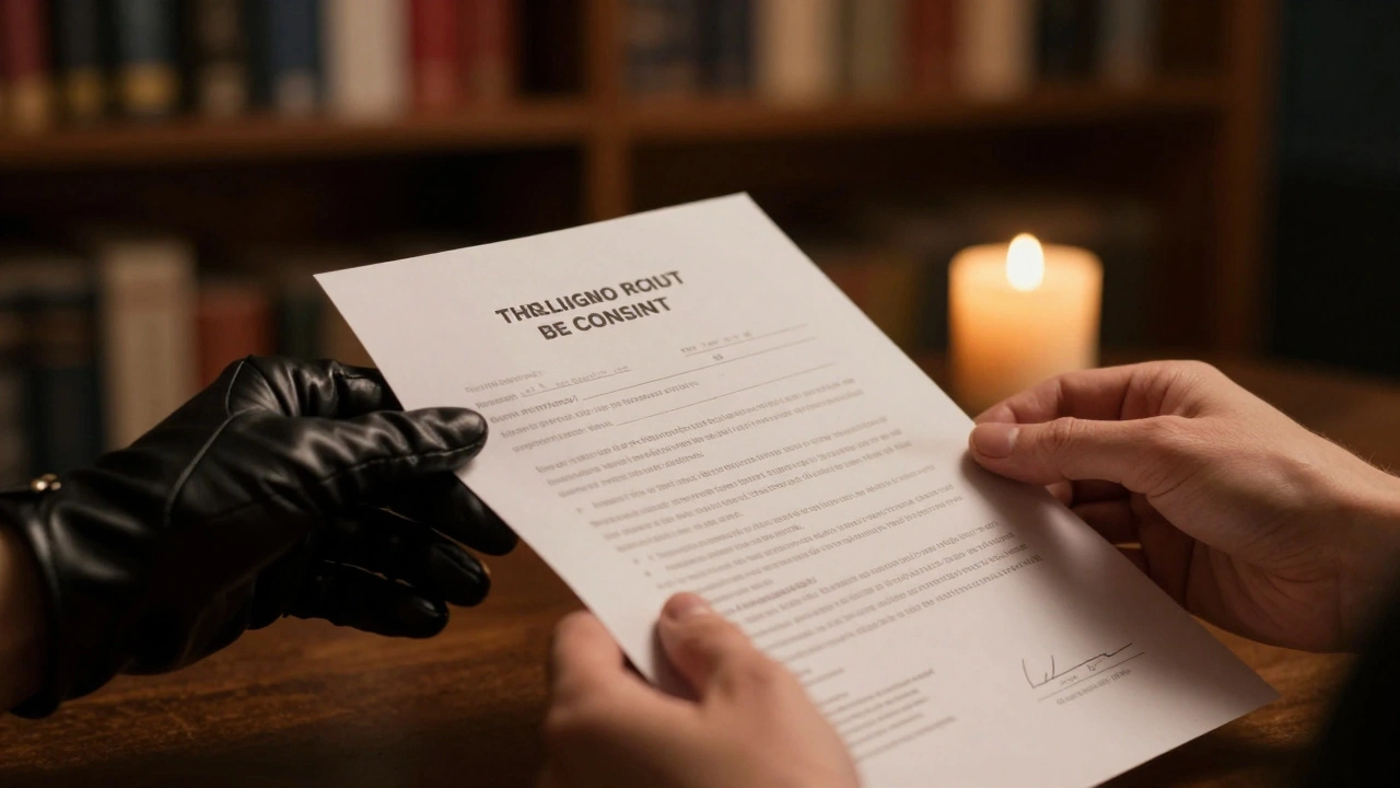 Two hands: one offering a consent form, the other hesitating to sign, in warm candlelight, symbolizing trust and vulnerability.