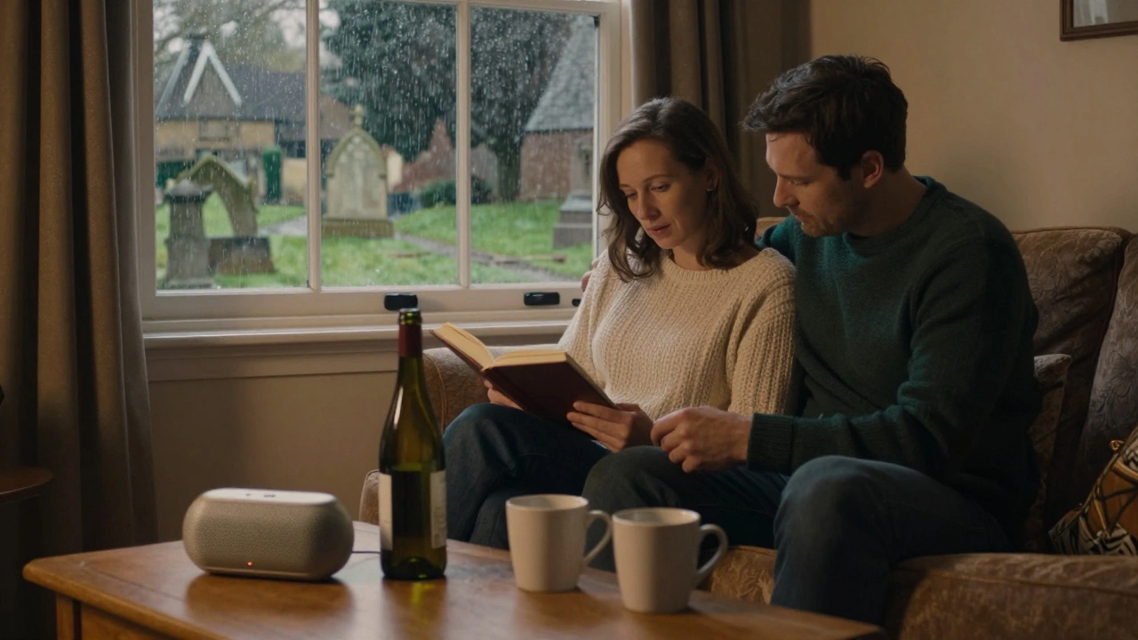 Two people sit together in a cozy Southgate flat, reading and sipping wine, rain streaking the window behind them.