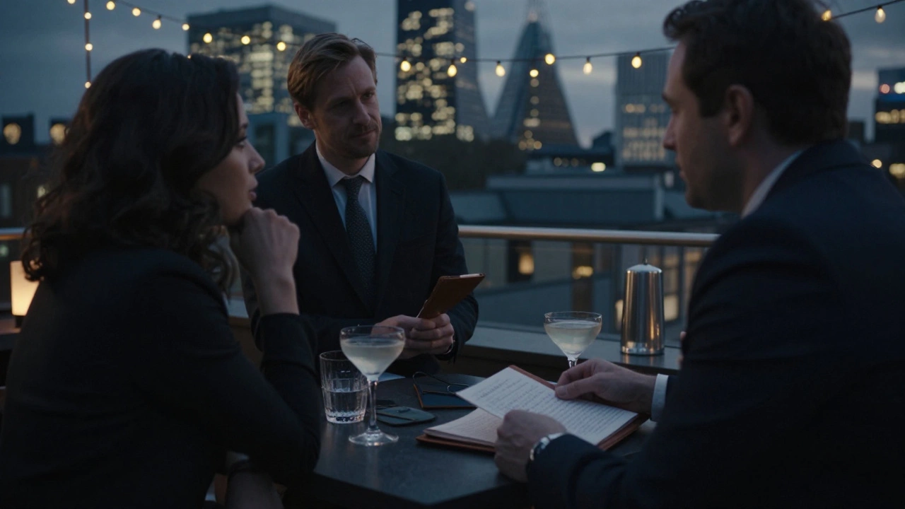 A couple sharing quiet conversation on a London rooftop bar at night, city lights glowing softly in the background.