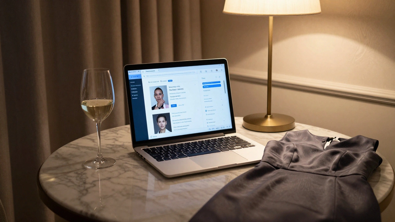 A cozy hotel suite in London on a Tuesday night, with escort profiles on a laptop and a designer dress laid out.