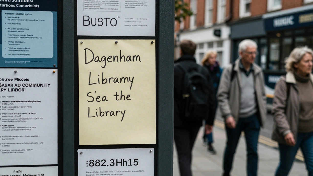 A handwritten note on a community board outside Dagenham Library, surrounded by local flyers.