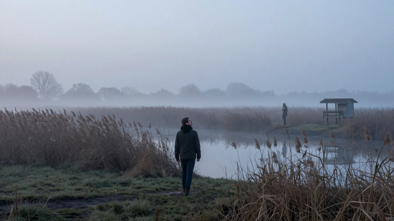 A man walks alone through Walthamstow Wetlands at dawn, mist rising, a distant figure visible—symbolizing quiet reconnection.