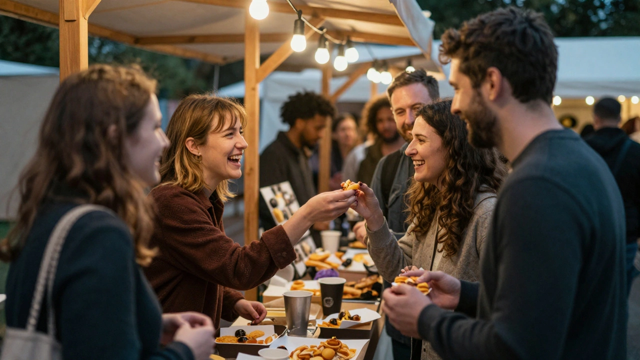 A warm moment at the Sutton Food Festival, sharing food with a companion among artisan stalls.
