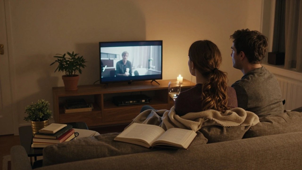 A woman and man wrapped in a blanket, watching a film together in soft candlelight.