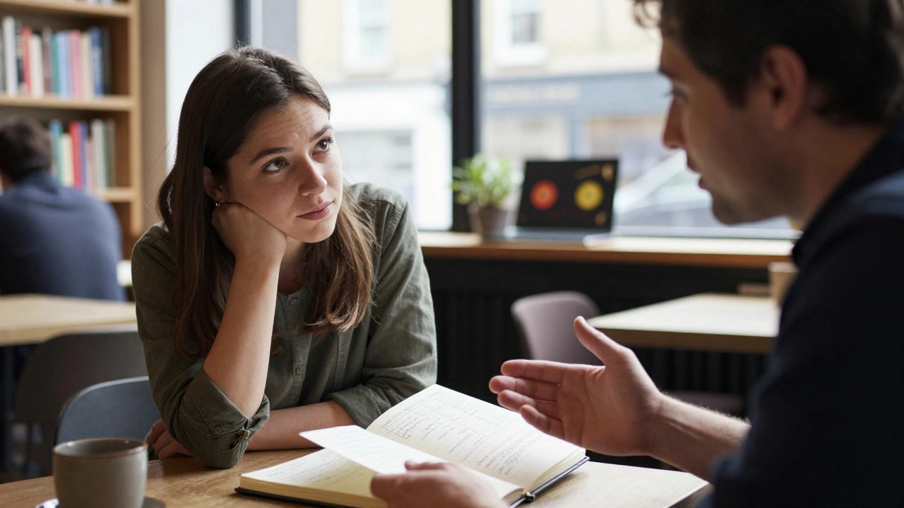 A woman listens attentively to a man in a London café, their conversation evident in their body language and open notebook.