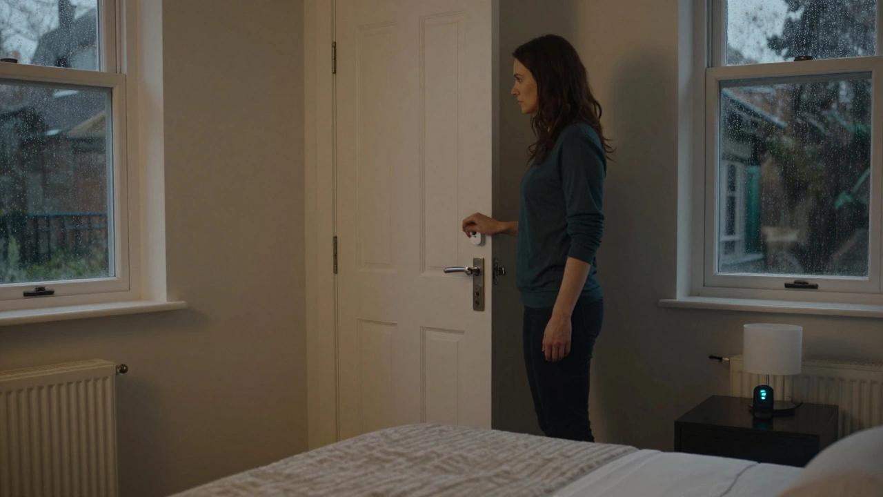 A woman pressing a hidden panic button under a bed in a secure, softly lit private flat.