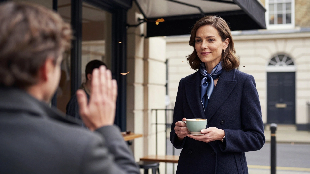 A woman standing outside a cozy café on Sutton High Street, smiling as she watches a local interaction.