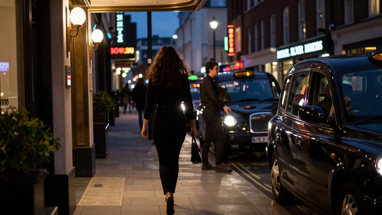A woman walking away from a London hotel at night, man watching from a parked car.