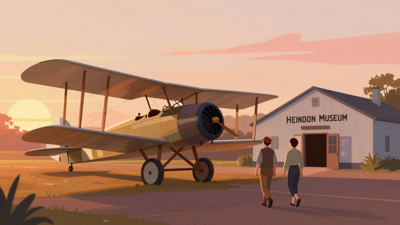 Hendon Aerodrome Museum with modestly dressed clients at dusk.